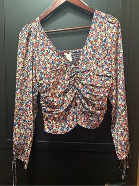 H&M Floral Ruched V-Neck Blouse - Red, Blue & Cream